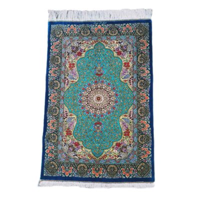 Hand-Knotted Persian Qom Silk Rug (Lachak Toranj Floral Medallion) - Turquoise