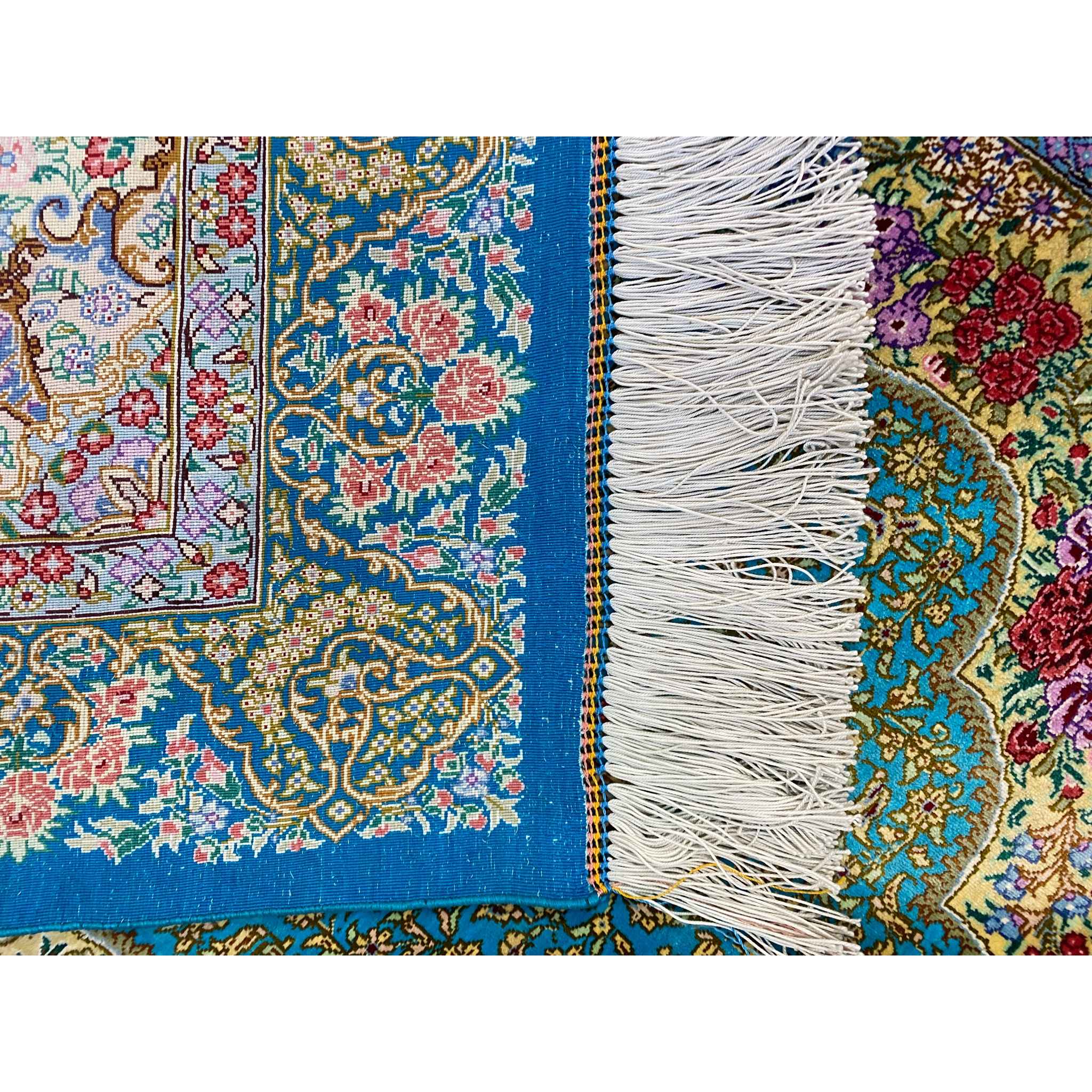 Hand-Knotted Persian Qom Silk Rug (Lachak Toranj Floral Medallion) – Turquoise