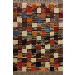 Genuine Handwoven Persian Geometric Gabbeh Rug – Checkered Brown Wool