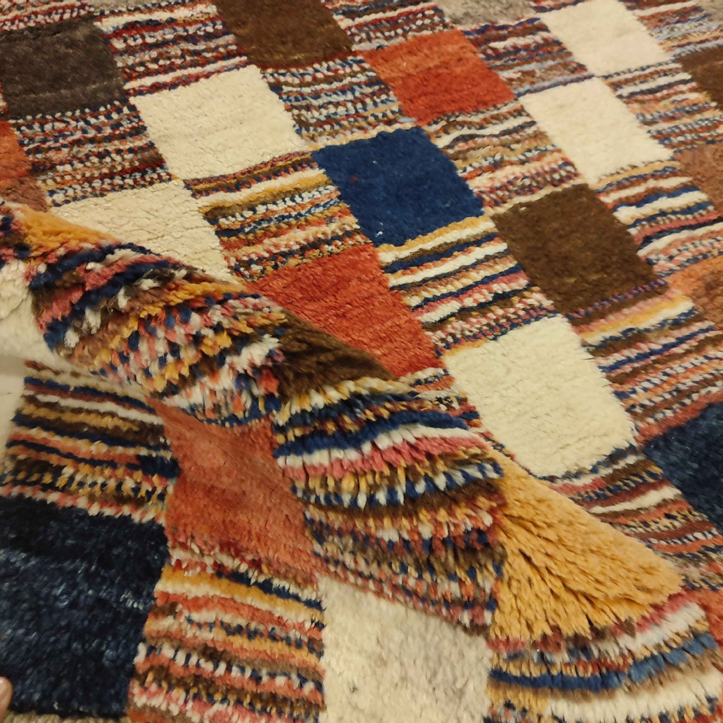 Genuine Handwoven Persian Geometric Gabbeh Rug – Checkered Brown Wool