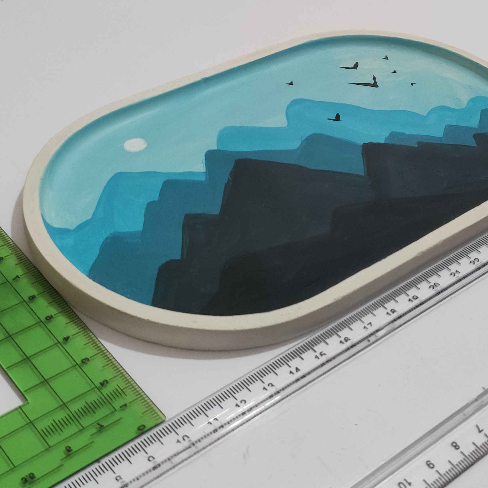 Handcrafted Concrete Serving Tray – Oval Painted Mountain Design Tray