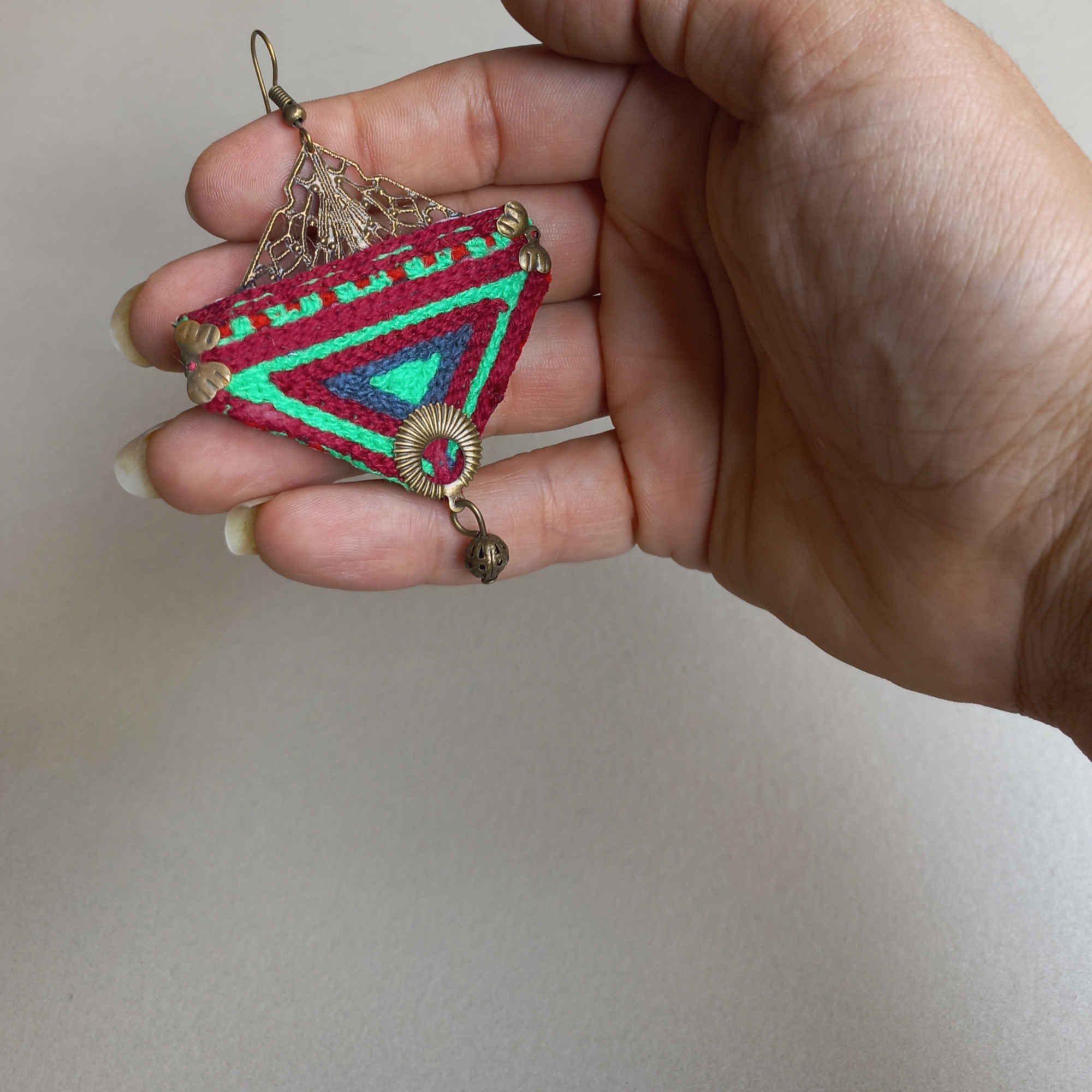 Persian Embroidered Earrings – Green Triangle Needlework