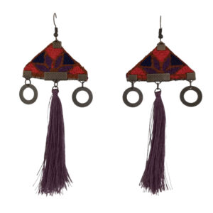 Handmade Embroidered Earrings – Purple Triangle Tassel Design