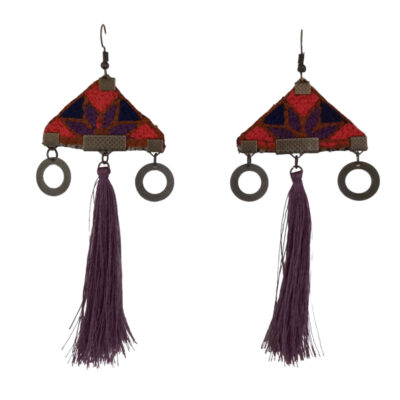 Handmade Embroidered Earrings - Purple Triangle Tassel Design