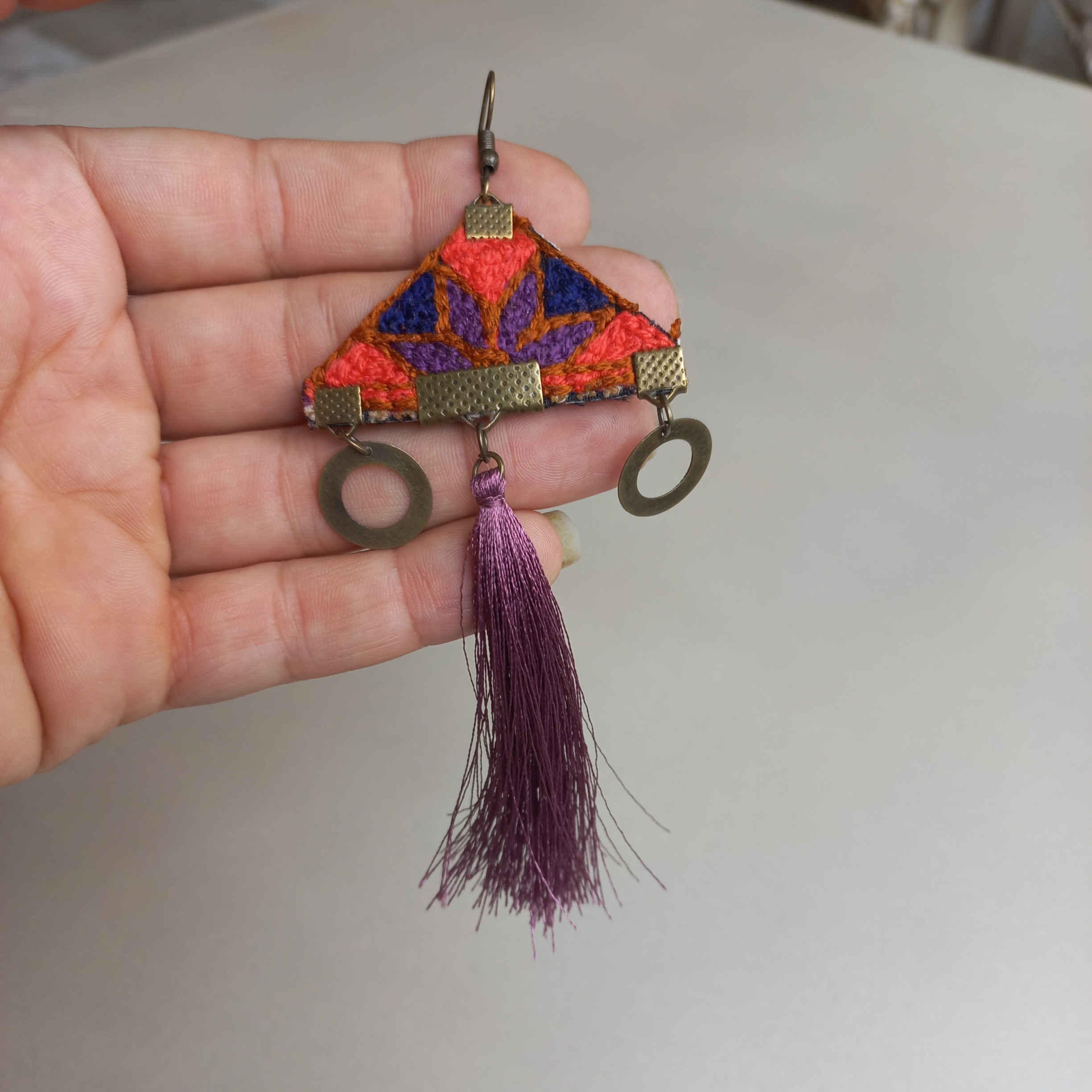 Handmade Embroidered Earrings – Purple Triangle Tassel Design