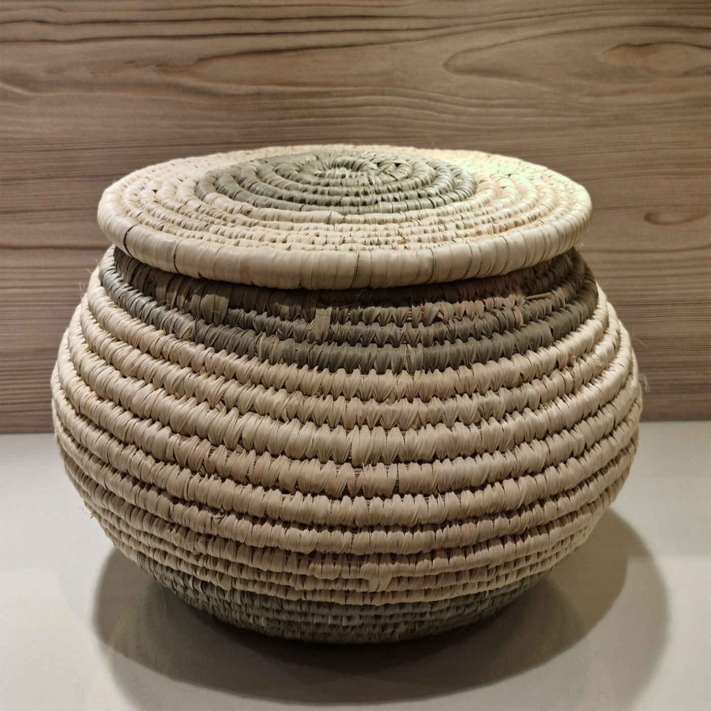 Handwoven Palm Leaf Storage Basket – Round with Lid