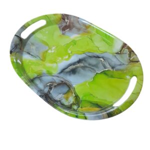 Lightweight Melamine Serving Tray – Oval Marble Design Tray with Handle