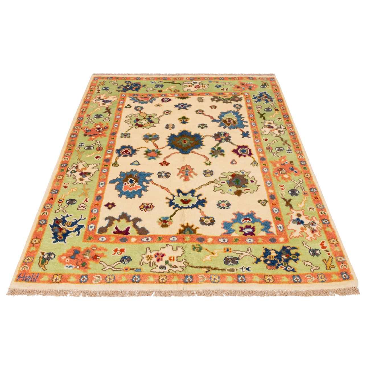 Hand-Knotted Persian Kashmar Rug (All-over Floral Bordered Pattern) – Cream Wool