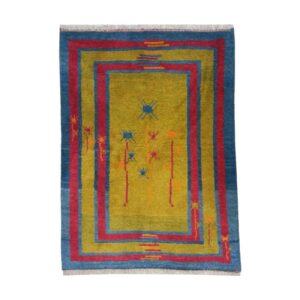 Original Handwoven Persian Pictorial Gabbeh Rug – Abstract Floral Yellow Wool