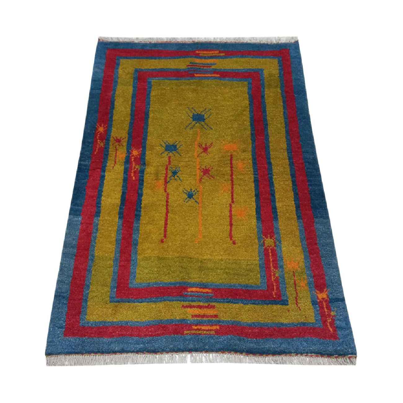 Original Handwoven Persian Pictorial Gabbeh Rug – Abstract Floral Yellow Wool