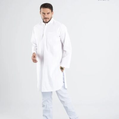 Men's White Pakistani Kurta in Tetron with Traditional Ethnic Style and Long Silhouette
