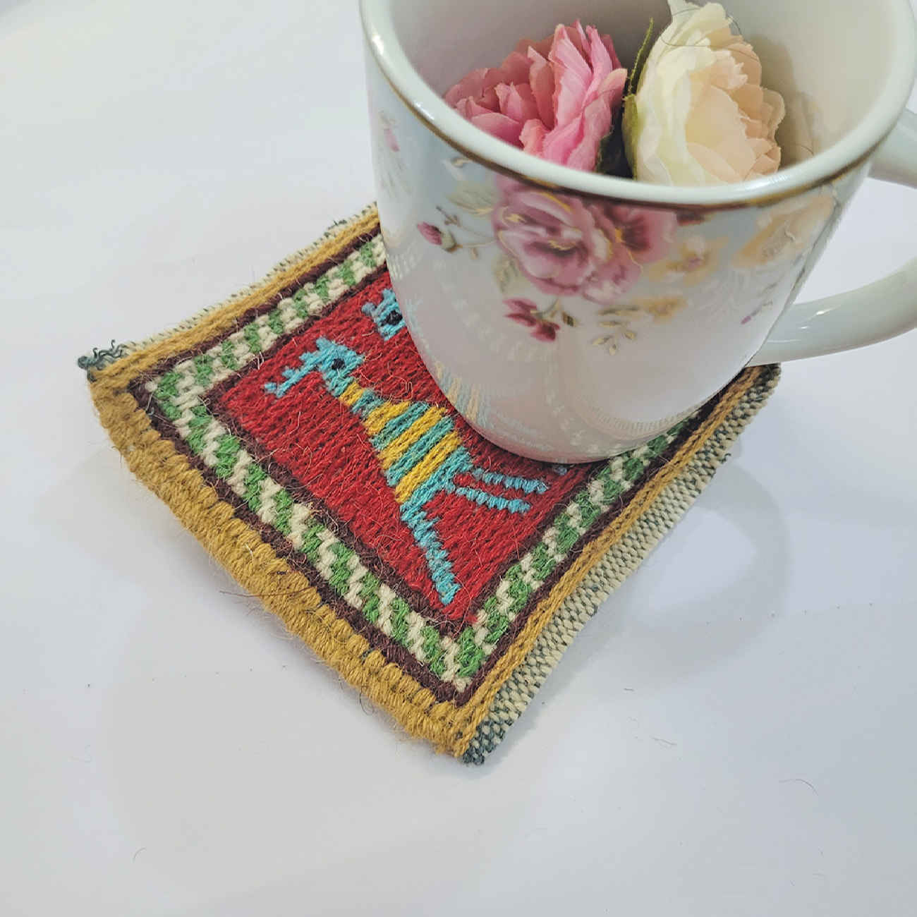 Handwoven Persian Kilim Coaster – Hoopoe Bird Design, Square Wool