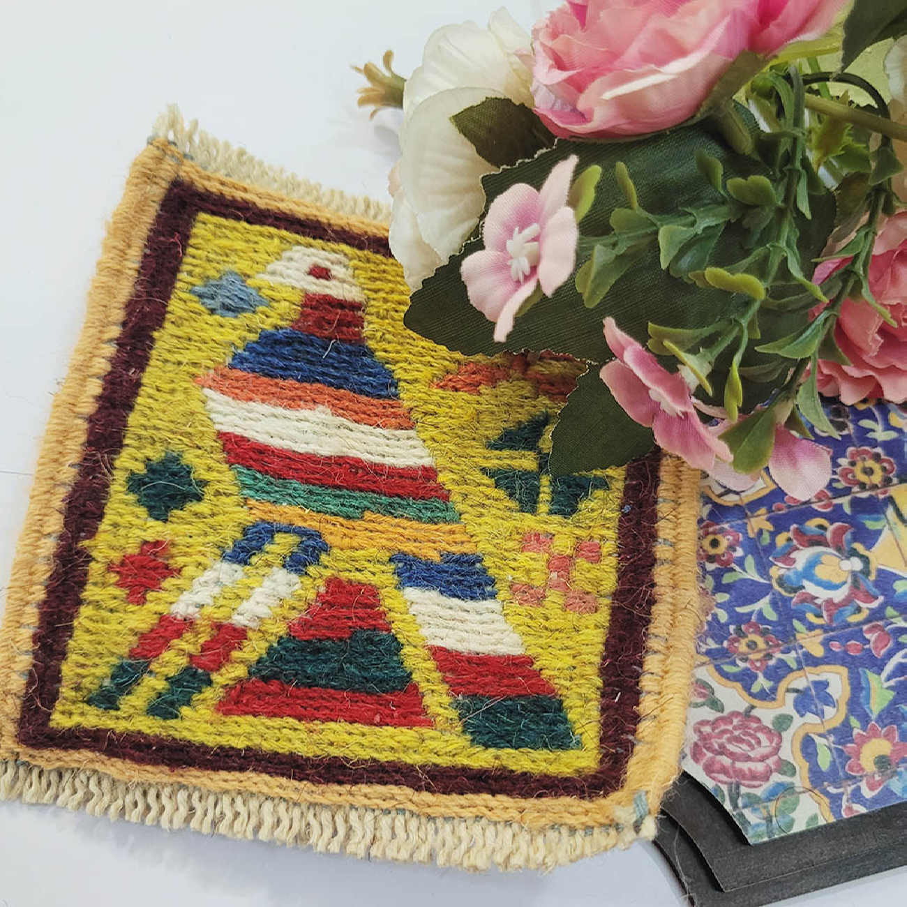 Persian Kilim Coaster – Pigeon Pattern, Handwoven Wool Square for Table Decor