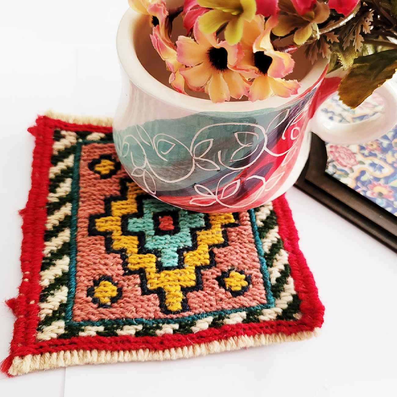 Handwoven Persian Kilim Coaster – Diamond Yellow Design, Square Wool