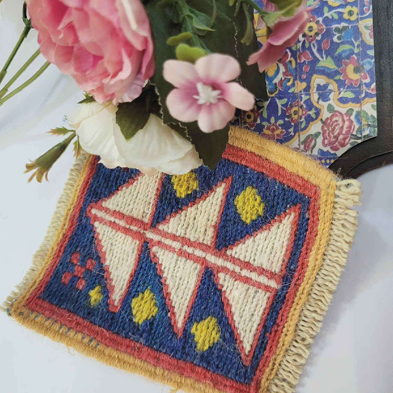 Persian Kilim Coaster – Pine Tree Design, Handwoven Wool Square Botanical