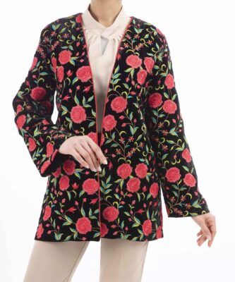 Elegant Persian Velvet Blazer Manto with Floral Embroidery and Luxurious Style