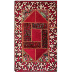 Vintage Persian Hand-Knotted Patchwork Carpet Geometric Red