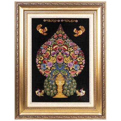 Hand-Knotted Persian Silk Wall Hanging Rug – Peacock and Spring Flowers, Qom