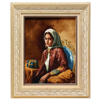 Hand-Knotted Persian Silk Pictorial Wall Hanging Rug – Qajar Woman, Tabriz