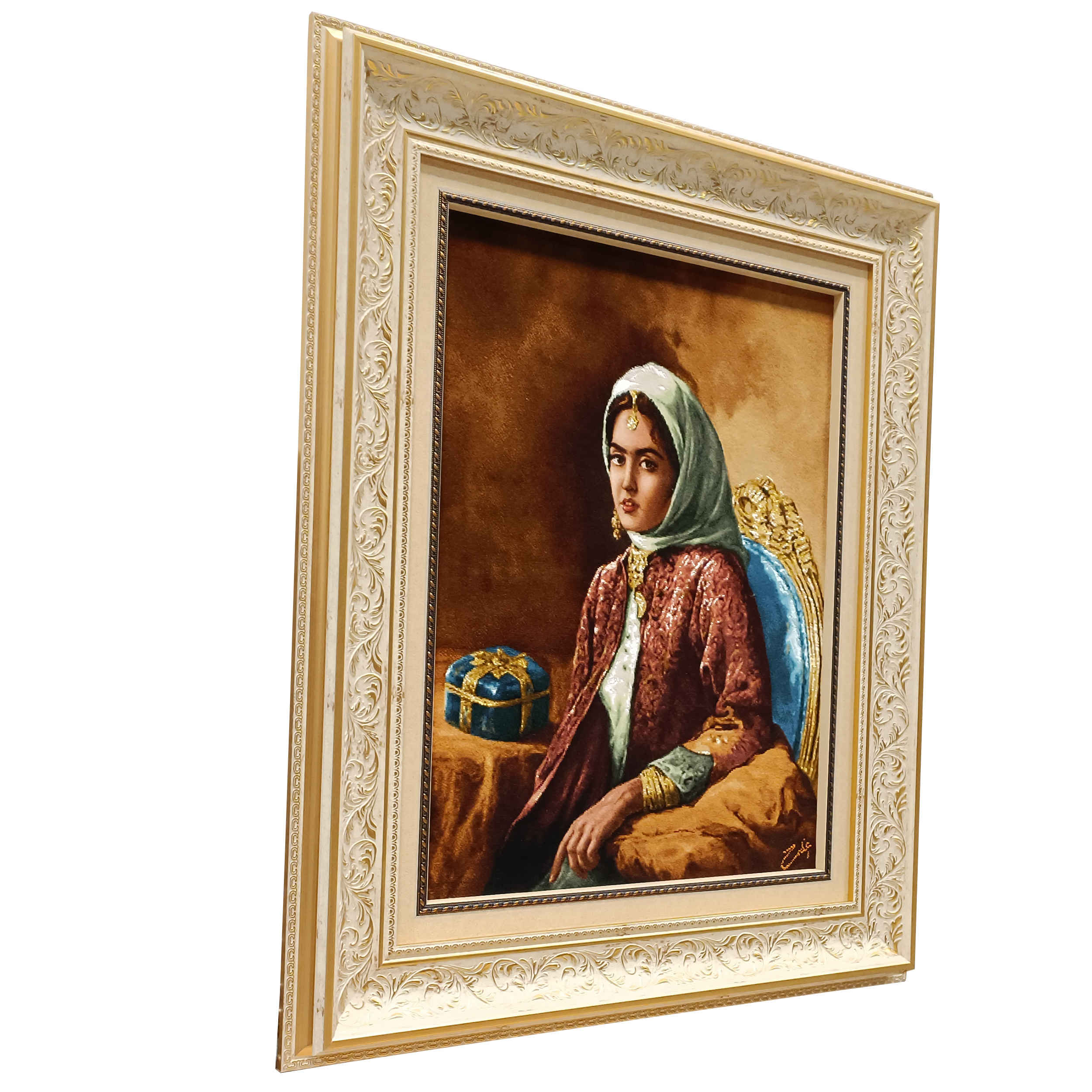 Hand-Knotted Persian Pictorial Rug from Tabriz Depicting Qajar Woman