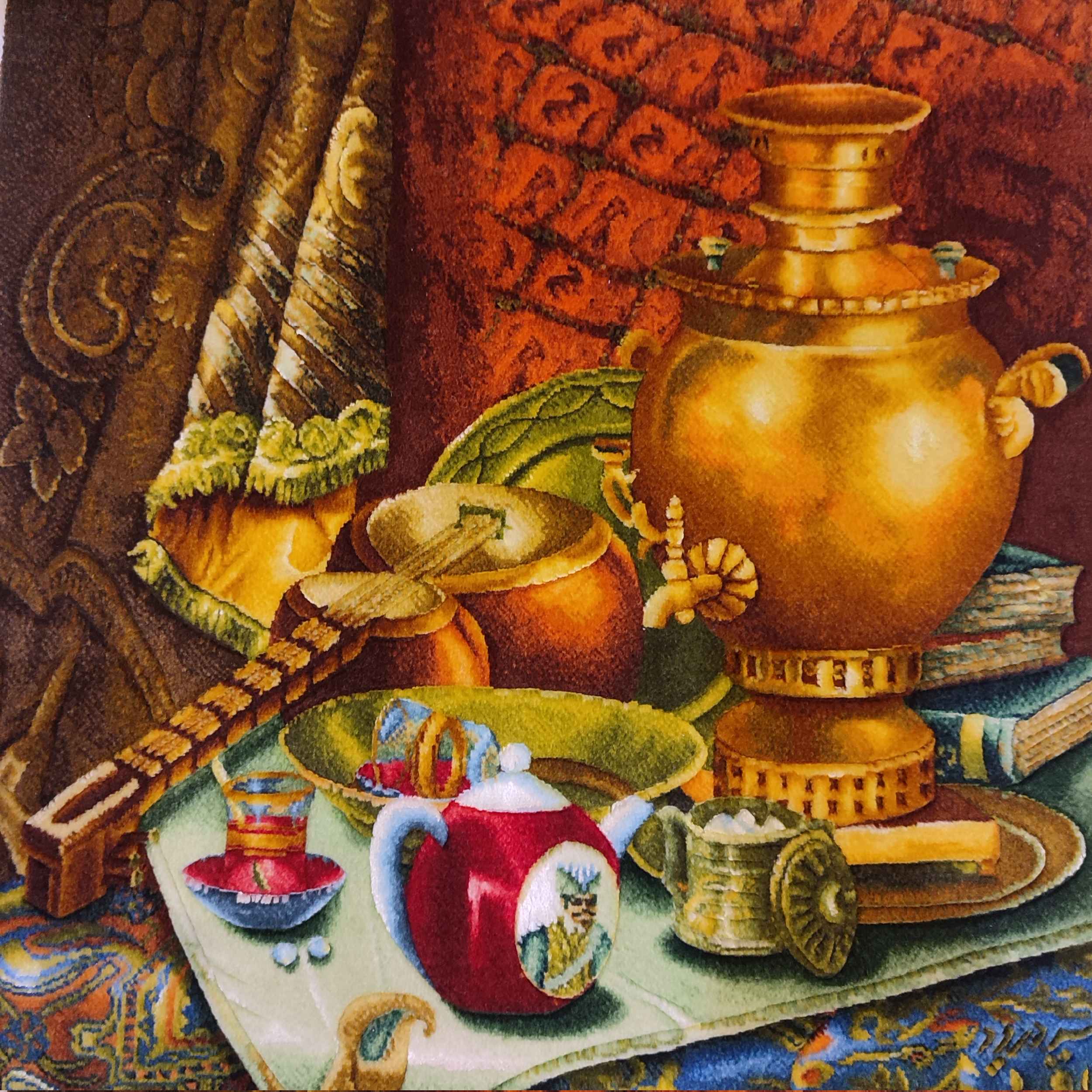 Hand-Knotted Persian Pictorial Rug from Tabriz Depicting Samovar & Tea