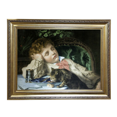 Hand-Knotted Persian Silk Pictorial Wall Hanging Rug – Sleepy Boy and Cat, Tabriz