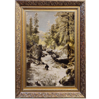 Hand-Knotted Persian Silk Pictorial Wall Hanging Rug – Snowmelt River Scene, Tabriz