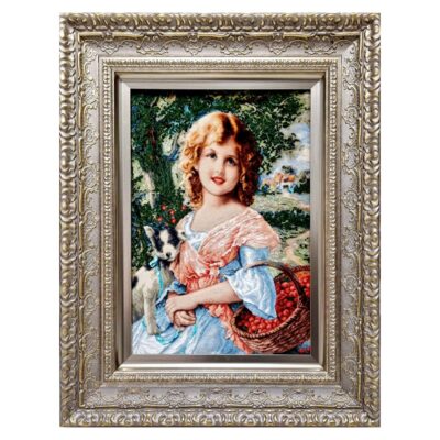 Hand-Knotted Persian Silk Pictorial Wall Hanging Rug – Girl and Dog, Tabriz