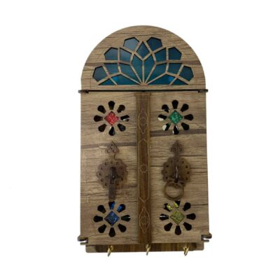 Handcrafted Persian Wooden Wall Key Holder with Traditional Colorful House Door Design