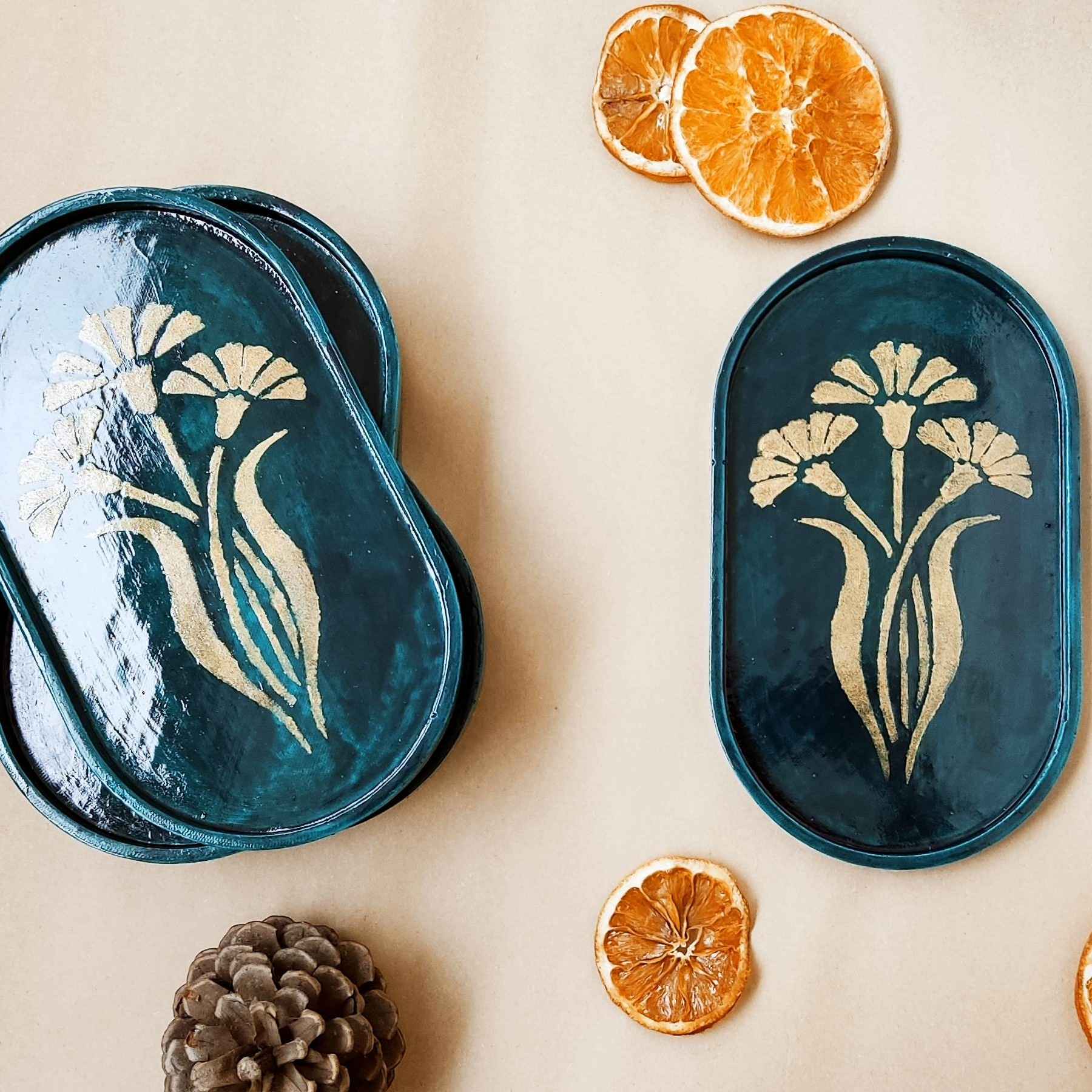 Artistic Concrete Serving Tray – Oval Floral Dark Green Tray