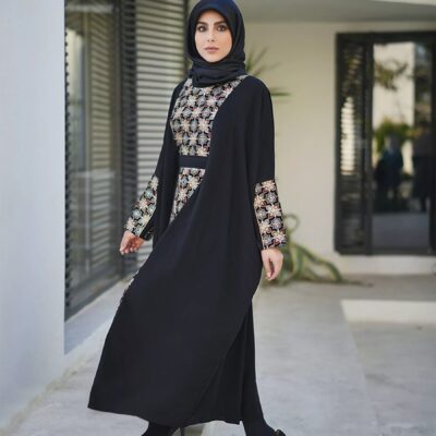 Black Abaya for Women with Elegant Floral Design, Model Noura