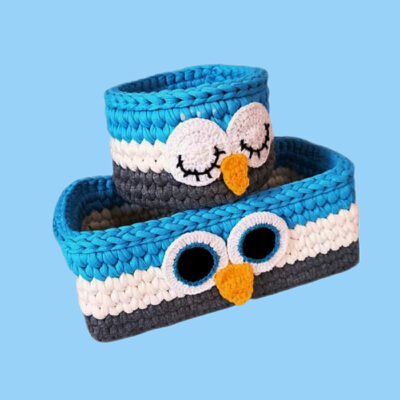 Crochet Storage Basket Yarn Owl Design Set of 2