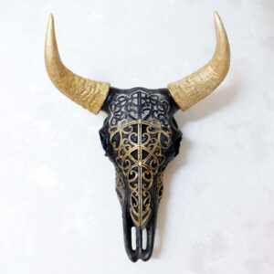 Decorative Bull Skull with Gold Horns Figurine – Western Theme Sculpture