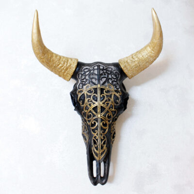 Decorative Bull Skull with Gold Horns Figurine - Western Theme Sculpture