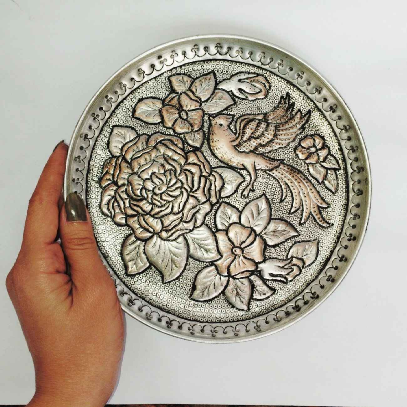 Persian Decorative Copper Engraved Wall Plate Birds & Flowers Design