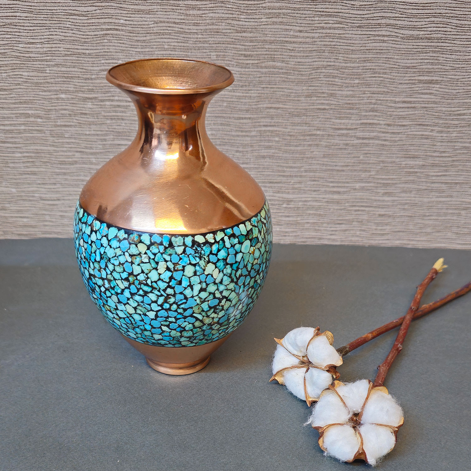 Handcrafted Decorative Persian Inlaid Turquoise Copper Vase, Featuring Geometric Elegance and Artisan Craftsmanship