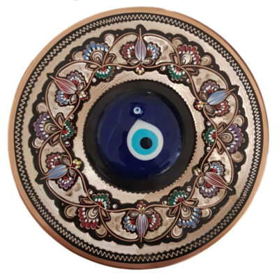Hand-Painted Persian Minakari Copper Decorative Display Plate, Evil Eye Enamelwork