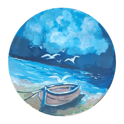 Hand-Painted Persian Pottery Decorative Display Plate, Boat on the Beach Design