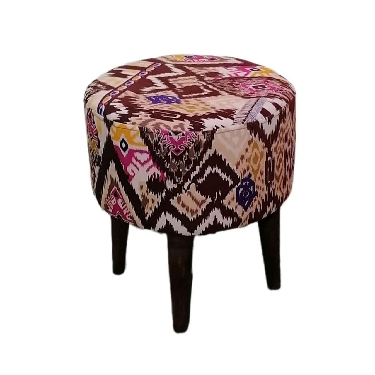 Round Footstool with Wooden Legs Inspired by Persian Art