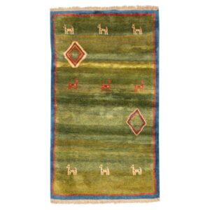 Handwoven Persian Minimalist Gabbeh Rug with Animal Motifs – Green Wool