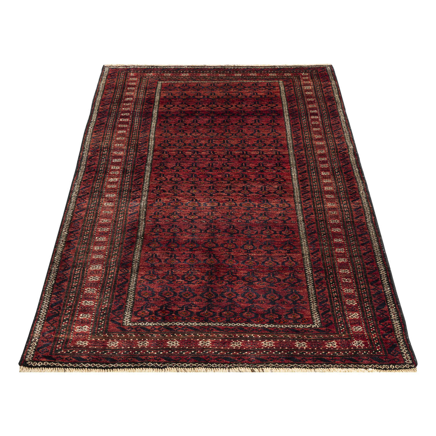 Hand-Knotted Persian Baluchistan Tribal Rug (Bukhara Design) – Maroon Bordered Wool