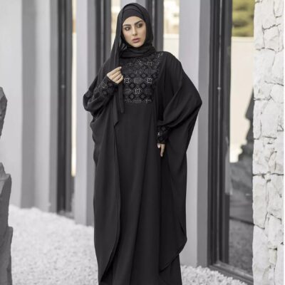 Black Butterfly Abaya with a Loose Fit in Soft Crepe Fabric