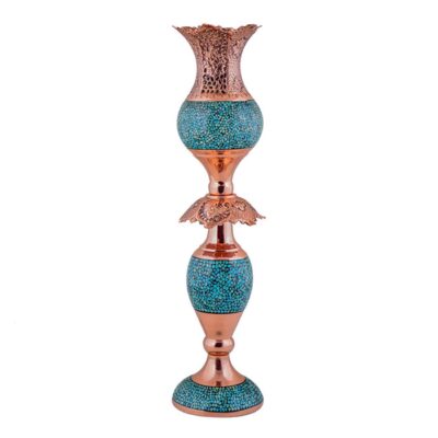 Handcrafted Persian Copper Candlestick Holder, Turquoise Inlay, Ornate Tulip Design