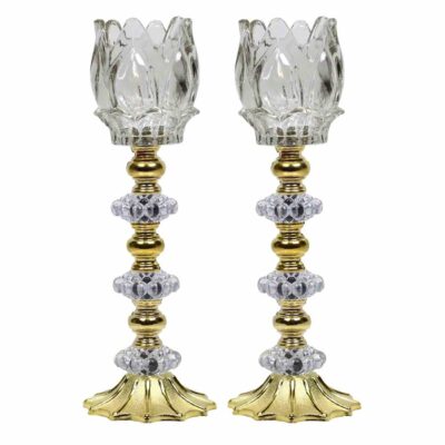 Set of 2 Persian Crystal Candlestick Holders, Ornate Tulip-Shaped Design, Decorative Candle Stand