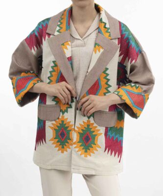 Chic Persian Cotton Blazer Manto with Geometric Embroidery and Modern Style
