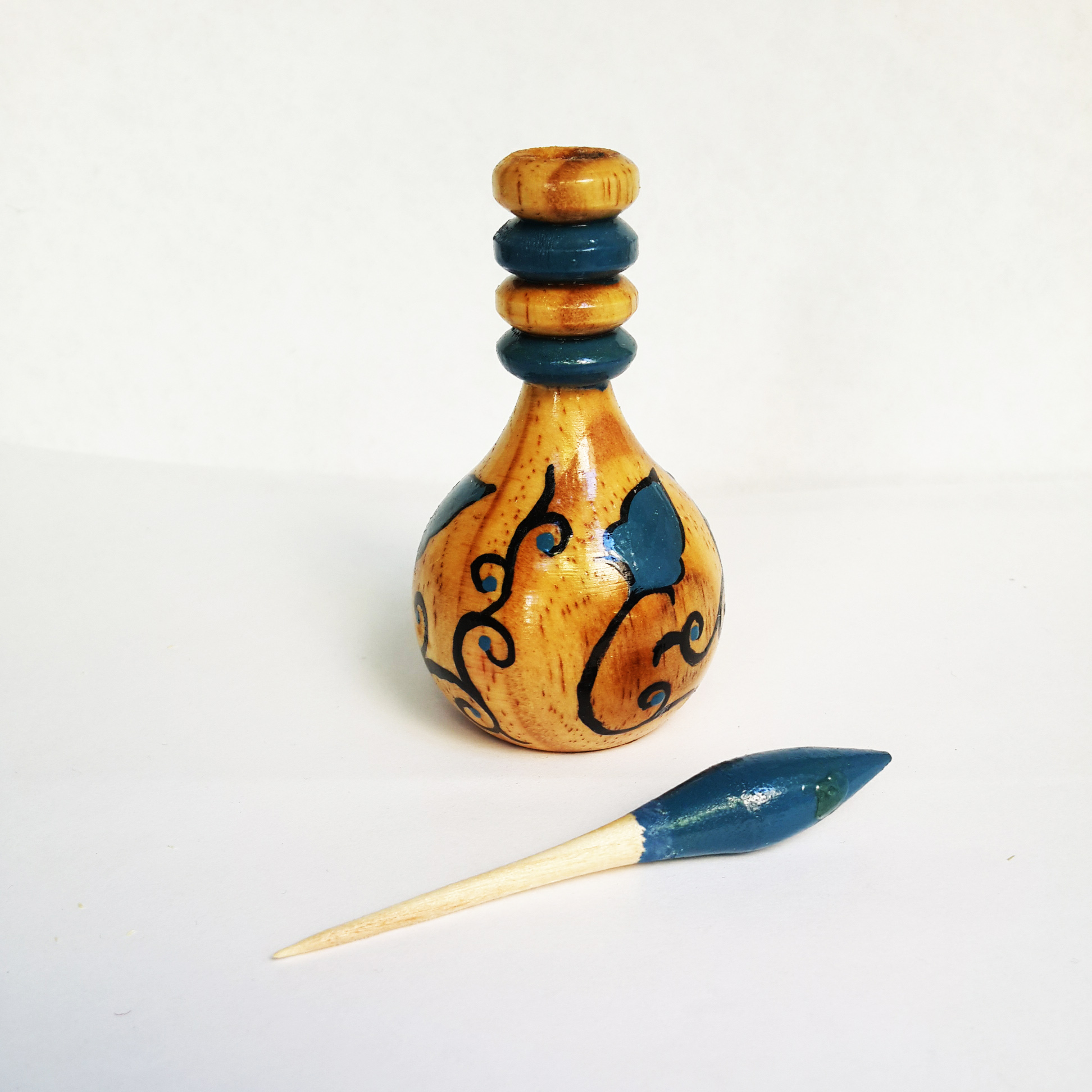 Wooden Persian Surma Dani Container for Keeping Kohl Floral Blue (x2)