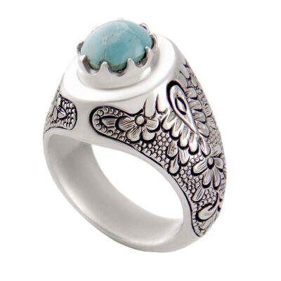 Neyshabur Turquoise Silver Gemstone Ring for Men – Handcrafted Traditional Persian Design