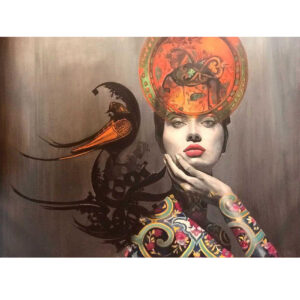 Original Persian Portrait Painting -Oil on Canvas, Girl and Calligraphy