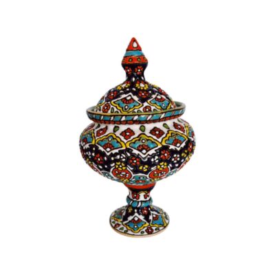 Handcrafted Persian Pottery Sugar Bowl with Lid - Minakari Enameled