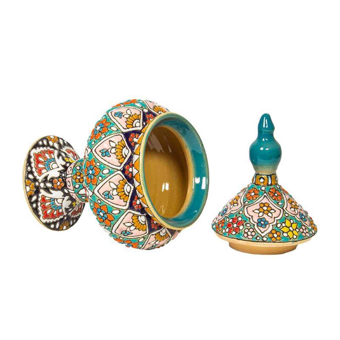 Handcrafted Persian Pottery Sugar Bowl with Lid – Minakari Enameled with Floral Design